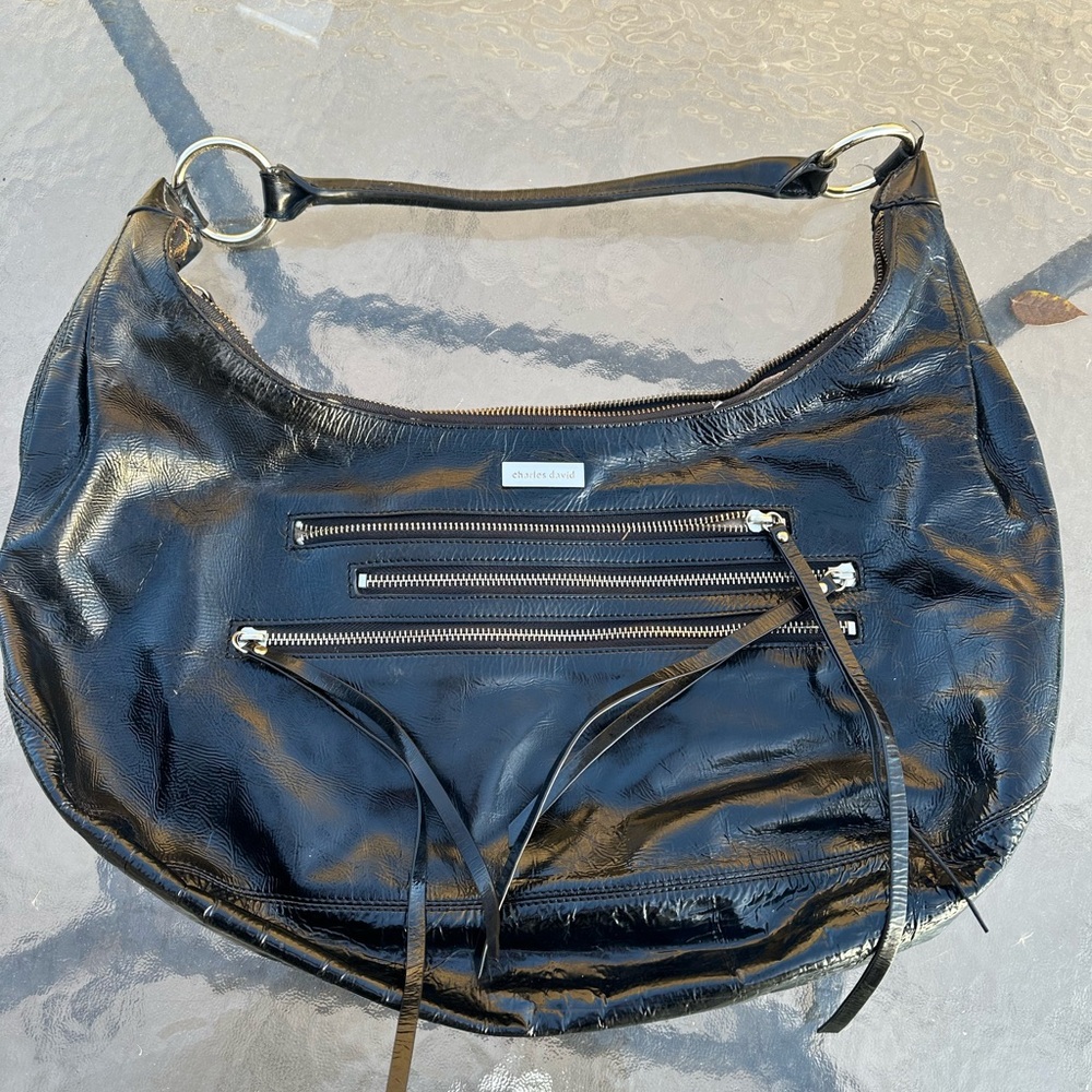 Charles David Womens Classic Shiny Patent Leather SatchelHandbag Black